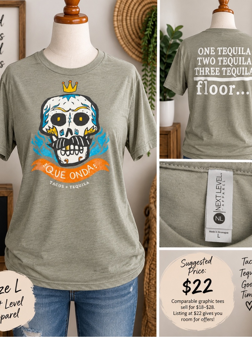 Que Onda Tacos + Tequila Graphic T-Shirt 🌮💀
